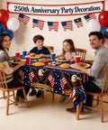 Family dining with 4th Of July Tablecloth 250th Anniversary Patriotic American Flag Design Two Pack for Memorial Day Decor.