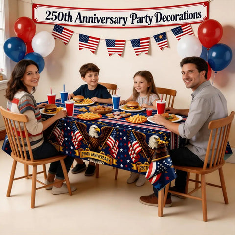 Family dining with 4th Of July Tablecloth 250th Anniversary Patriotic American Flag Design Two Pack for Memorial Day Decor.