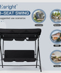 Heavy Duty 3 Seat Patio Swing With Removable Cushions, Adjustable Canopy And Smooth Glider Motion For Garden, Poolside Or Backyard, Built To Last Steel Frame Keeps Up To 450 Pounds, Black, displayed with suggested scenarios.