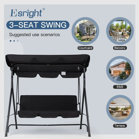 Heavy Duty 3 Seat Patio Swing With Removable Cushions, Adjustable Canopy And Smooth Glider Motion For Garden, Poolside Or Backyard, Built To Last Steel Frame Keeps Up To 450 Pounds, Black, displayed with suggested scenarios.