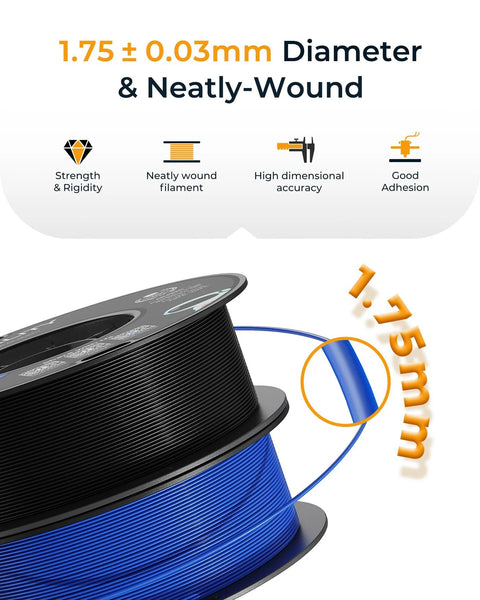 PETG 3D printer filament spool, 1.75 mm diameter, 1 kg, blue filament on black spool