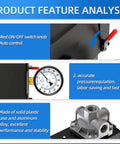 Air Compressor Pressure Switch Control Valve With Red On Off Switch features gauge, auto control, and aluminum alloy build.