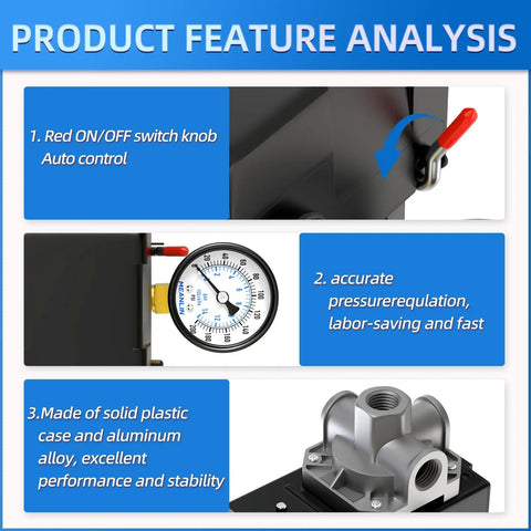 Air Compressor Pressure Switch Control Valve With Red On Off Switch features gauge, auto control, and aluminum alloy build.