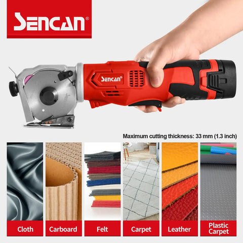 Cordless Rotary Fabric Cutter For Leather And Carpet Ultra Fast 880 RPM Electric Scissors Cuts Up To 1 Inch Thick Includes 2 Blades And 14.4V Battery shown cutting fabrics and materials.