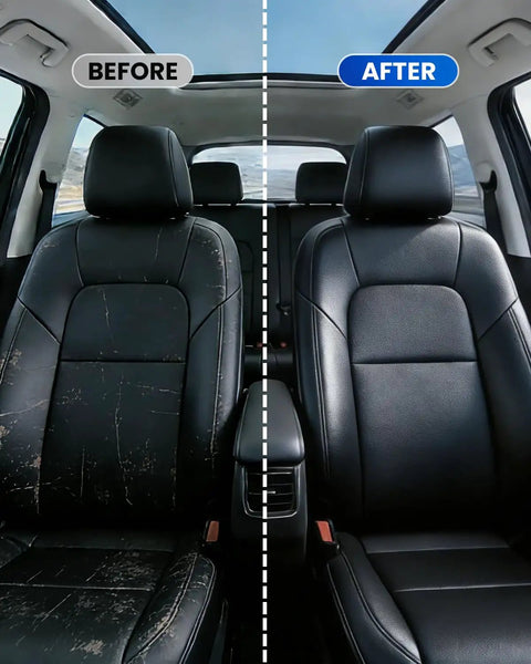 Toyota Leather Repair Kit 8-Piece Leather And Vinyl Scratch Restorer for Steering Wheel, Seats shown in before and after condition.