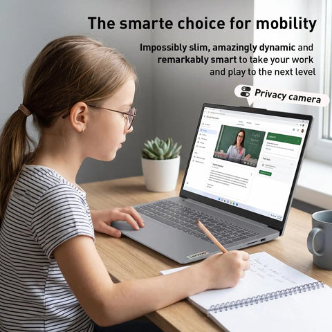 Slim Intel N150 Laptop With 15.6 Inch Fhd Display And 8Gb Ddr5 Ram, used by student writing notes at desk.