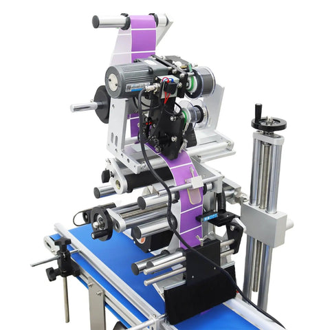 Industrial Grade Automatic Flat Surface Label Applicator With Touchscreen Control And Auto Photo Sensor showing detailed machinery.