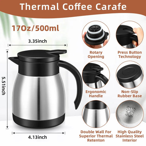 Set Of Two Heavy Duty Thermal Coffee Carafe And Creamer Pitcher In Sleek Silver Finish With Double Wall Insulation Keeps Your Daily Brew Hot Or Cold Hella Long Includes Matching Clean Brushes For Home And Office, featuring ergonomic handle.