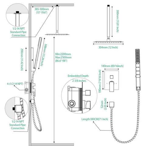 SR SUN RISE 12 Inch Ceiling Mount Shower System, Matte Black installation guide showing dimensions and pipe connections.