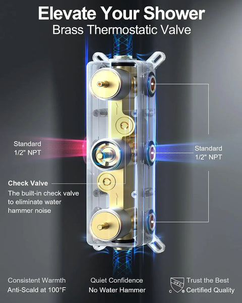 Brass Thermostatic Valve for shower with check valve, 1/2" NPT standard for noise reduction and consistent warmth.