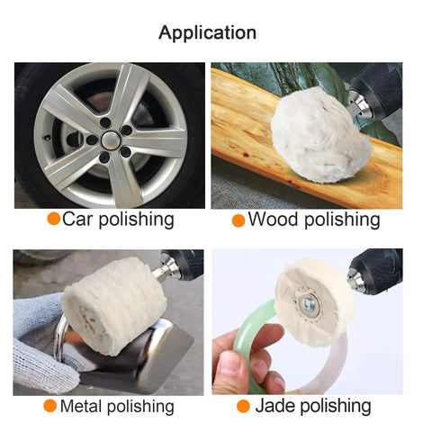 Cotton Polishing Wheel Kit For Drill With Buffing Wheels For Aluminum Chrome Stainless Steel And Metal Polishing applications shown