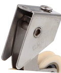 Close-up of a stainless steel wheel from 2 Pack Heavy Duty Aluminum Sliding Door Rollers with Stainless Steel Wheels for Windows Patio Doors Closets and Cabinets Replacement Pulley for Wardrobe Tracks Easy Glide and Smooth Operation on Sliding Doors.