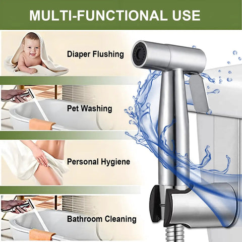 Handheld Bidet Sprayer For Toilet With Stainless Steel Build And Adjustable Water Pressure Easy Install For The Fam Bathroom Hygiene Kit showing multi-functional use.