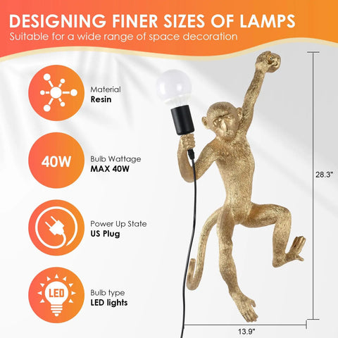 Dope Modern Resin Monkey Wall And Table Lamp With Hemp Rope Pendant Light For Home Decor showing material and dimensions