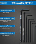 Ultra Durable 9 Piece Allen Wrench Set 1.5 to 10 mm hex keys with visible coding, blackening, and chrome vanadium steel material.