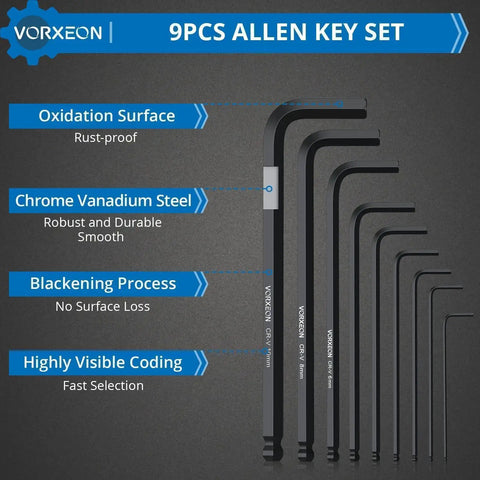 Ultra Durable 9 Piece Allen Wrench Set 1.5 to 10 mm hex keys with visible coding, blackening, and chrome vanadium steel material.