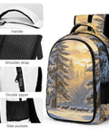 Winter Icicle Deer Woodland Printed Unisex Backpack with large capacity and durable polyester showing handle and zippers
