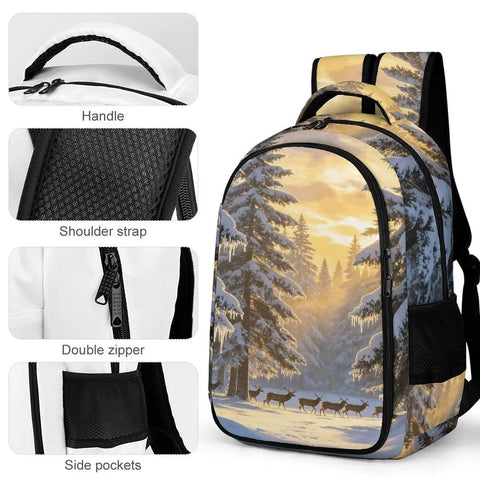Winter Icicle Deer Woodland Printed Unisex Backpack with large capacity and durable polyester showing handle and zippers