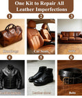 Heavy Duty Leather And Vinyl Repair Kit For Couches And Car Seats With Fast Acting Glue. Various leather items needing repair.
