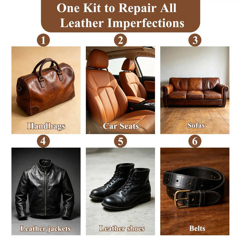 Heavy Duty Leather And Vinyl Repair Kit For Couches And Car Seats With Fast Acting Glue. Various leather items needing repair.