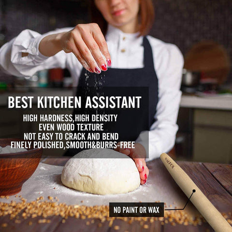 French Rolling Pin For Baking With Tapered Beech Wood Design, Nonstick Dough Roller next to dough being kneaded in kitchen