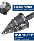 Pro Grade Heavy Duty M2 HSS Step Drill Bit Set For Metal Plastic Wood Aluminum From One Quarter Inch To One And Three Eighths Inch With Multi Hole Sizes For Faster Sharper Drilling And Longer Life, showing double flutes and split point tip.