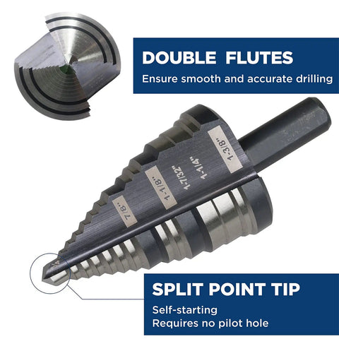 Pro Grade Heavy Duty M2 HSS Step Drill Bit Set For Metal Plastic Wood Aluminum From One Quarter Inch To One And Three Eighths Inch With Multi Hole Sizes For Faster Sharper Drilling And Longer Life, showing double flutes and split point tip.