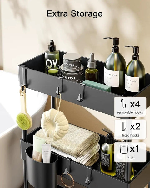 Slim 3 Tier Rolling Storage Cart On Wheels For Narrow Spaces Ideal For Bathroom Kitchen Laundry Room Black Space Saver Organizer With Easy Glide Wheels with toiletries and hooks visible