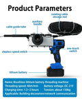 Real Deal Cordless Electric Threading Machine With Brushless Motor And Smooth Variable Speed Adjustment For Hassle Free Cable Drawing and solid Home Outdoor Stringing features cable guide tube and rotating storage reel.