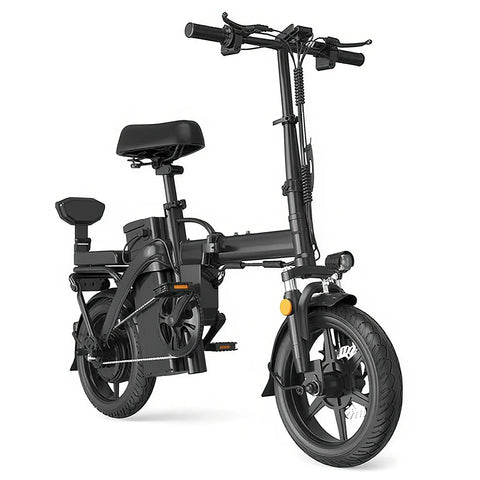 Two Pack 14x2.125 E-Bike Inner Tubes With Bent Valve Stem For 14 Inch Tires shown on a black folding electric bike