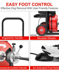 Portable Heavy Duty 75 Foot Electric Drain Auger With Auto Feed And Foot Control showing ergonomic handle, foot switch, and movable wheels.