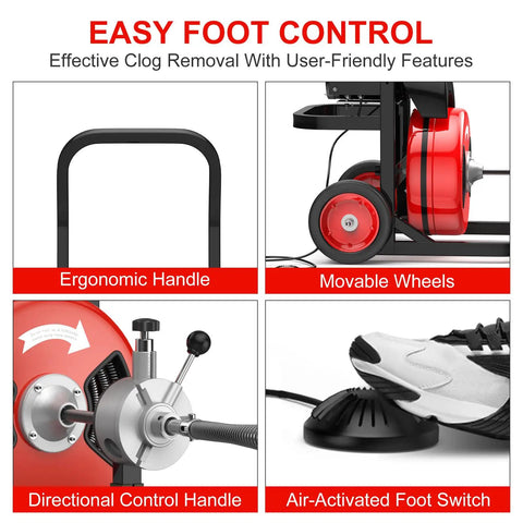 Portable Heavy Duty 75 Foot Electric Drain Auger With Auto Feed And Foot Control showing ergonomic handle, foot switch, and movable wheels.