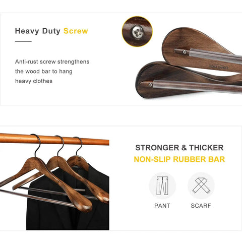 Set Of 6 Premium Wood Hangers With Extra Wide Shoulders For Coats And Suits, Anti Slip Bar, 360 Degree Swivel Black Hooks, Retro Finish
