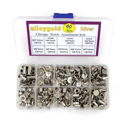 Heavy Duty Silver Chicago Screw Rivet Kit With 90 Pieces Assorted M4 And M5 Sizes For Leather Crafting DIY Projects in a storage box.