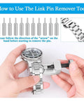 Stainless Steel Watch Spring Bar Set For Quick Strap Swaps Watch Band Pin Replacement Kit in use with link pin remover tool.