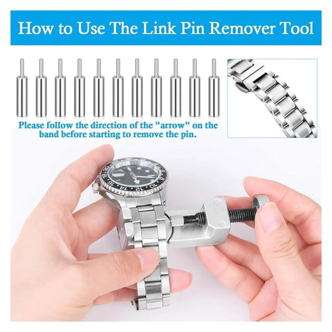 Stainless Steel Watch Spring Bar Set For Quick Strap Swaps Watch Band Pin Replacement Kit in use with link pin remover tool.