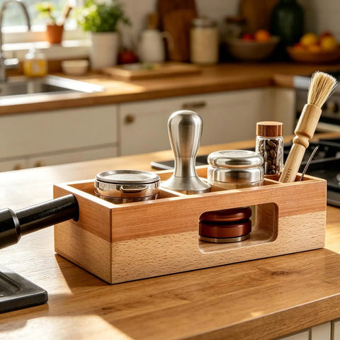 Level Up Your Home Bar Setup With This Premium Wooden Espresso Tamping Station Designed For 58mm Portafilters Featuring Killer Slots For Dosing Needles To Keep Your Smooth Shot Routine On Point, showcasing a wooden holder with espresso tools.