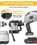 Cordless Paint Sprayer With Dual 2000 MAH Batteries And Heavy Duty 1200W Motor showing tool-free cleaning with top-fill design and max lithium battery.