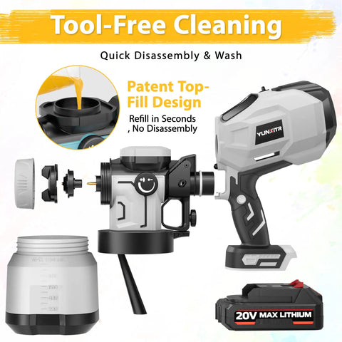 Cordless Paint Sprayer With Dual 2000 MAH Batteries And Heavy Duty 1200W Motor showing tool-free cleaning with top-fill design and max lithium battery.