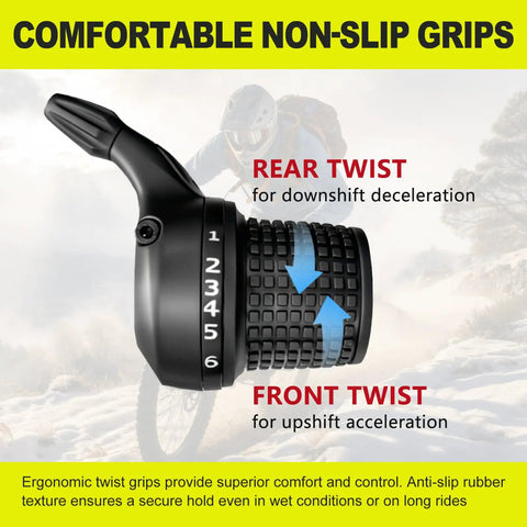 18 Speed MTB Shifter Set Left And Right Twist Shifters With Gear Cables And Non Slip Rubber Grips For Slick Indexed Shifting And Quick Gear Changes Ready, focus on non-slip rubber grip and twist mechanism with rider in background.