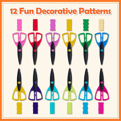 12 Pack Decorative Edge Craft Scissors With 12 Kid Approved Patterns For Kids Age 4 Plus Bright Handle Colors Make It Easy To Pick A Pattern, Creating Zigzag Scallop Wave Crinkle Borders For Cards Journals Scrapbooks And DIY Projects. 6.5-inch plastic scissors shown with 12 colored handles