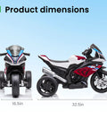 Front and side view of BMW Licensed 12V Kids Electric Ride On Motorcycle For Ages 3 To 5, Three Wheel Bike, Charm Red, with dimensions.