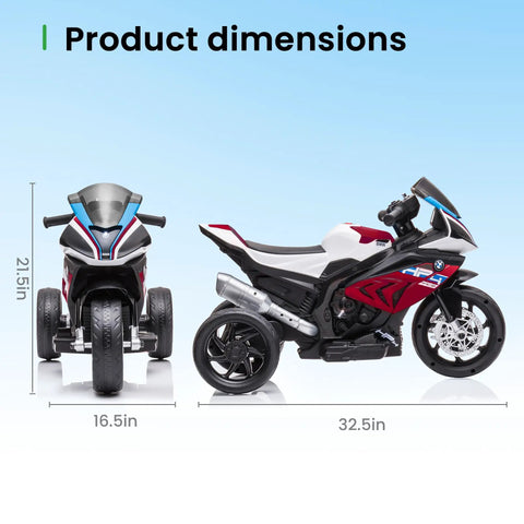 Front and side view of BMW Licensed 12V Kids Electric Ride On Motorcycle For Ages 3 To 5, Three Wheel Bike, Charm Red, with dimensions.