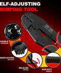 Go To Ratcheting Crimping Tool For Heat Shrink Connectors And Insulated Terminals Awg 20 To 10 features a black and red self-adjusting design.