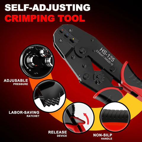 Go To Ratcheting Crimping Tool For Heat Shrink Connectors And Insulated Terminals Awg 20 To 10 features a black and red self-adjusting design.