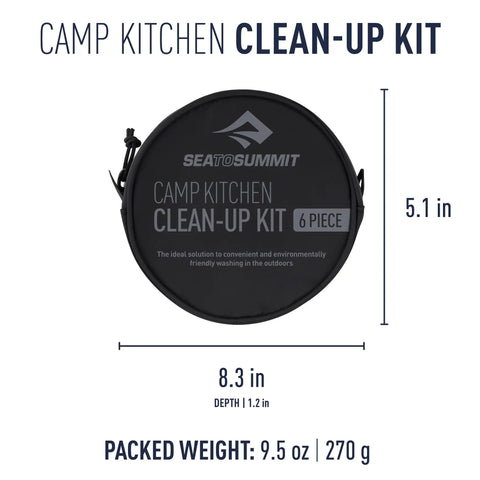 You Gotta Have Camp Kitchen Cleanup Kit 6 Piece Set With Collapsible 10 Liter Sink in nylon pouch dimensions and weight shown