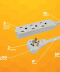 SlimLine Indoor Flat Extension Cord 8 Ft With Right Angle Plug, 16 Gauge, showing 3 grounded outlets and flat plug on orange background