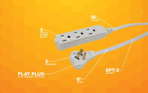 SlimLine Indoor Flat Extension Cord 8 Ft With Right Angle Plug, 16 Gauge, showing 3 grounded outlets and flat plug on orange background