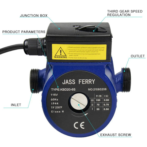 Hot Water Recirculation Pump 115V 3/4 Inch NPT for Solar Water Heaters and Boilers, front view of quiet cast iron circulator