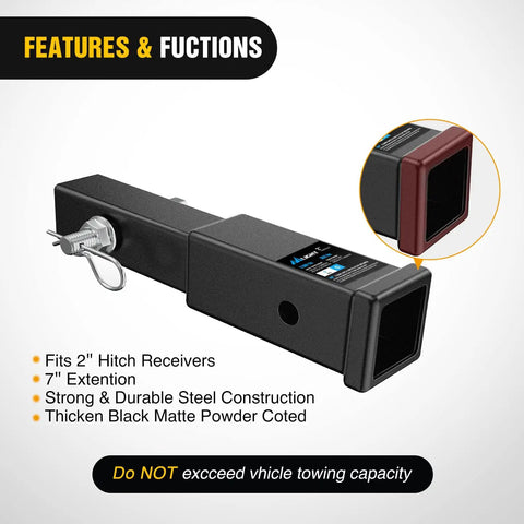 7 Inch Trailer Hitch Extender For 2 Inch Receiver Adds Extra Clearance Behind Your Vehicle Matte Black 3,500 Lbs GTW